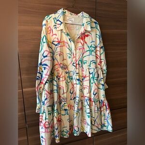 Abstract multicolor Scribble face Print Tiered Shirt Dress in cream. Oversized.